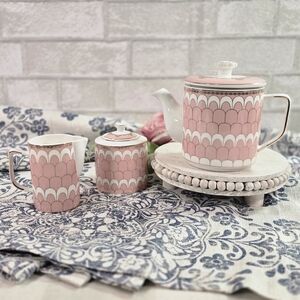 Chelsea Bistro Porcelain Pink Art Deco Scallop Petal Gilded Tea Set NEW
